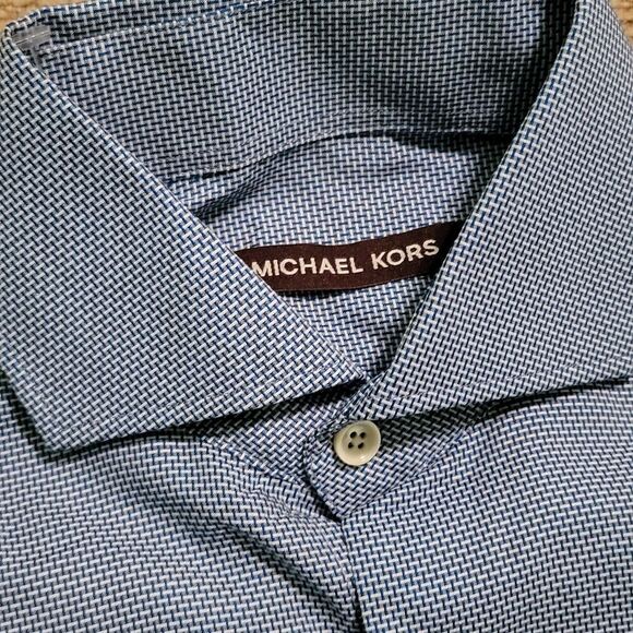 NWT Michael Kors Blue Geometric Print Cotton Button Down Dress Shirt Size 14.5 - Picture 2 of 7